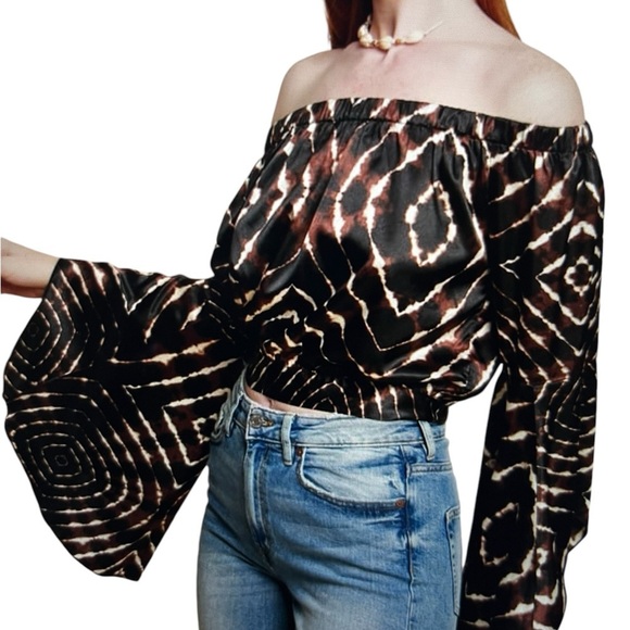 Y2K Boho Off Shoulder Stain Bell Sleeve Chocolate Brown Black Animal Print Large - Picture 2 of 11